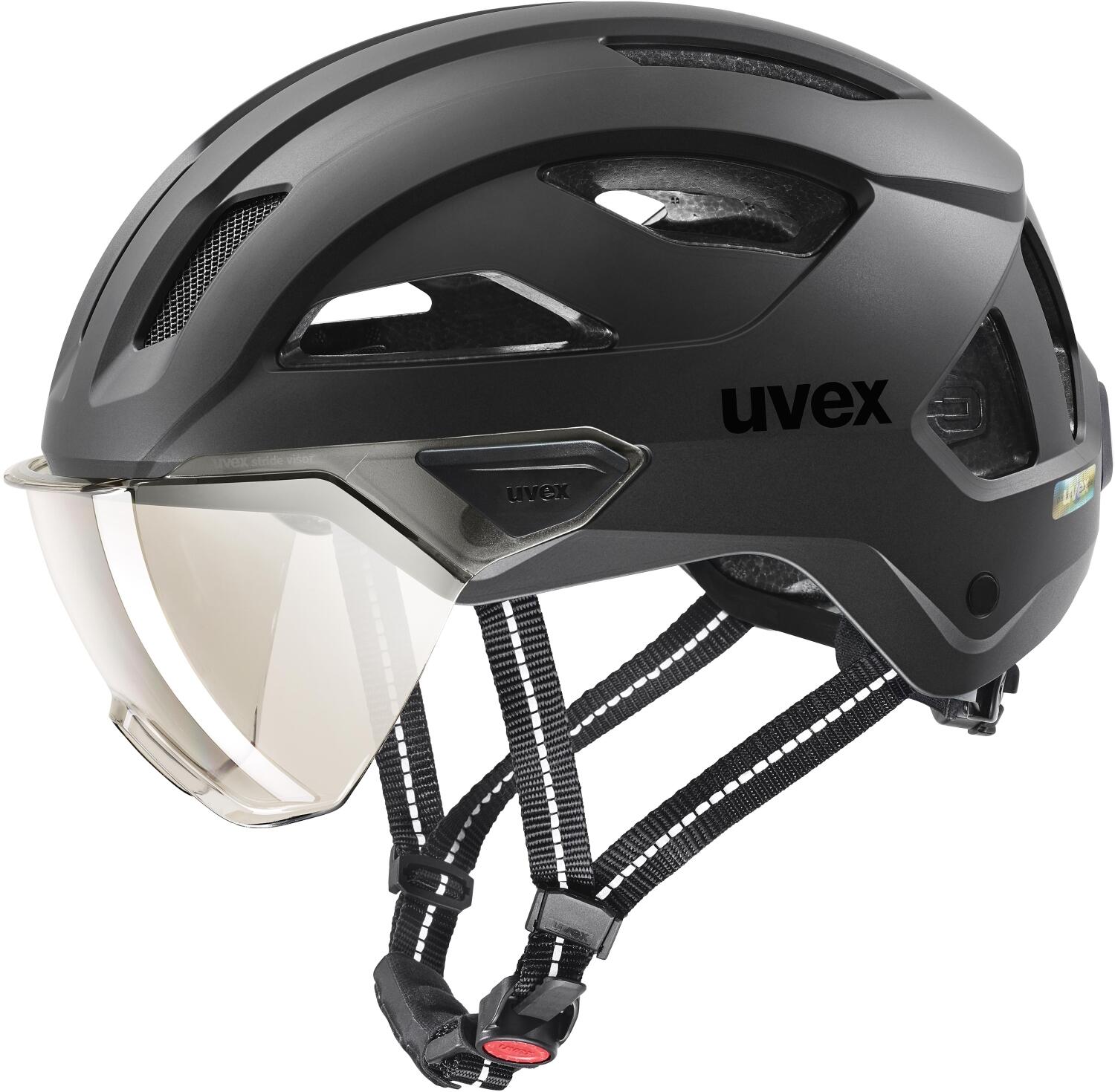 uvex Stride Visor Fahrradhelm (53-56 cm, 01 black matt (litemirror silver))