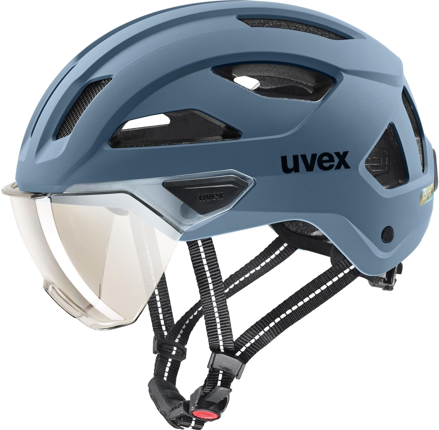 uvex Stride Visor Fahrradhelm (53-56 cm, 03 stone blue matt (litemirror silver))